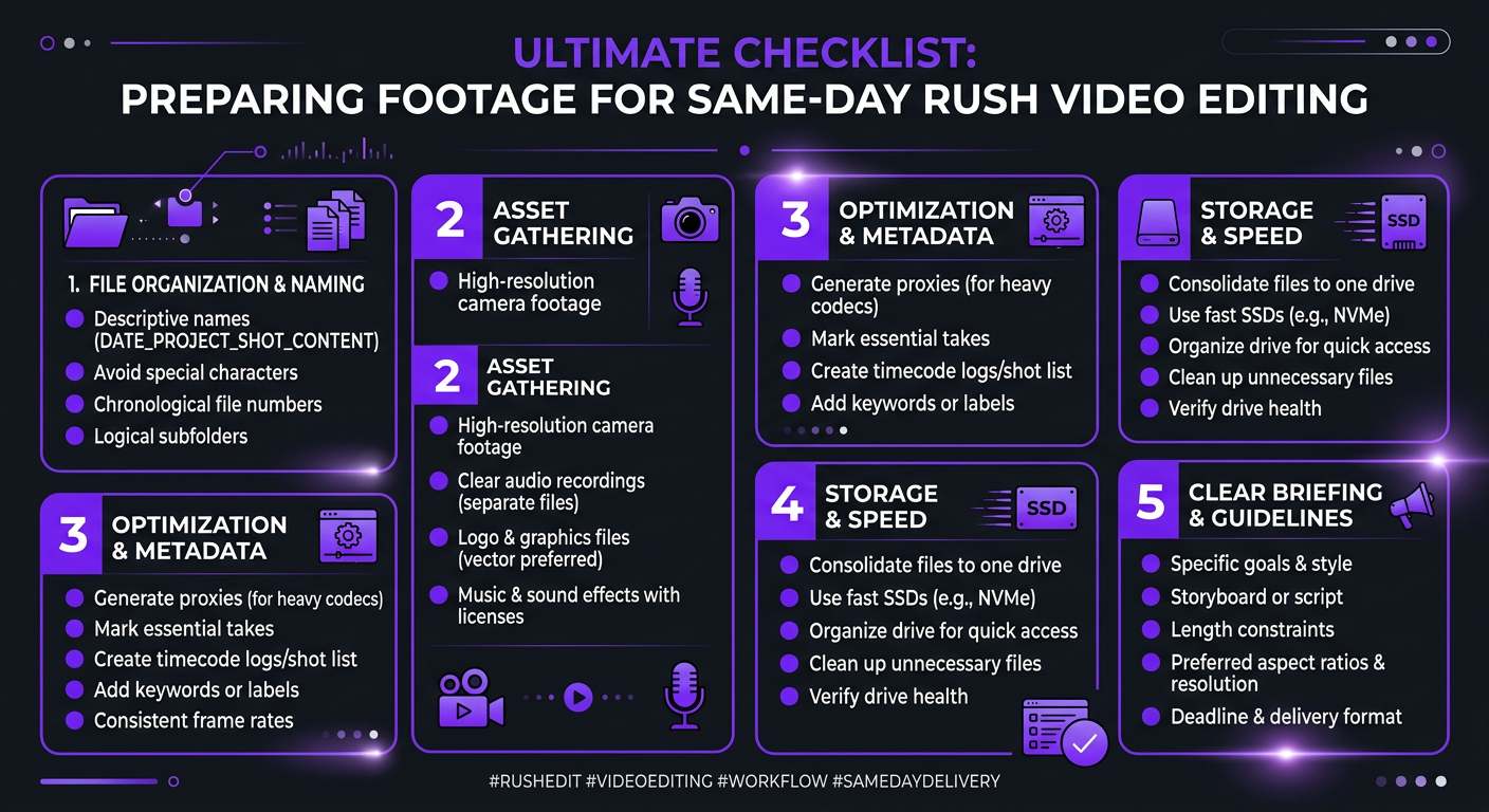 Same-Day Video Editing: Rush Services & What They Cost - Checklist infographic for preparing footage for same-day rus