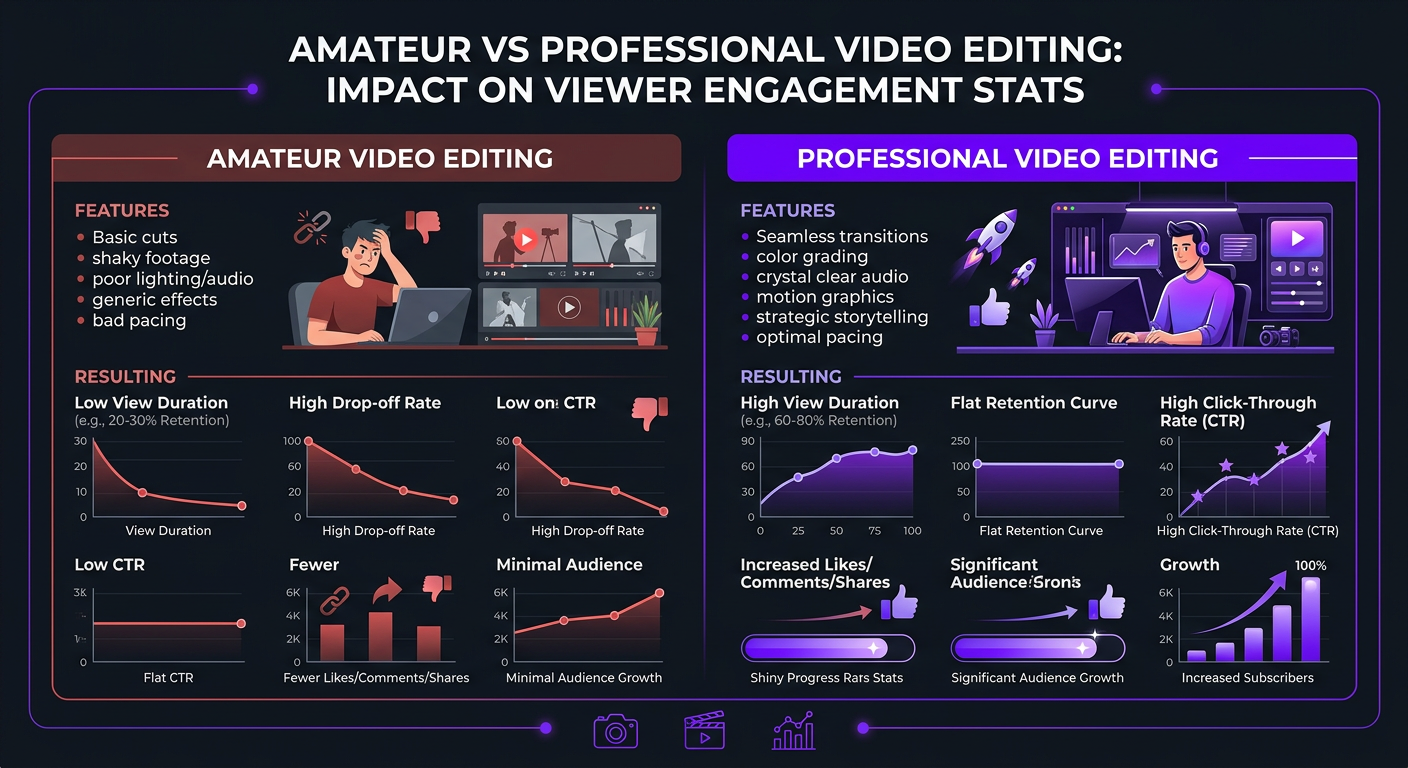 How Video Editing Quality Affects YouTube Revenue - Comparison infographic: amateur vs professional video editin