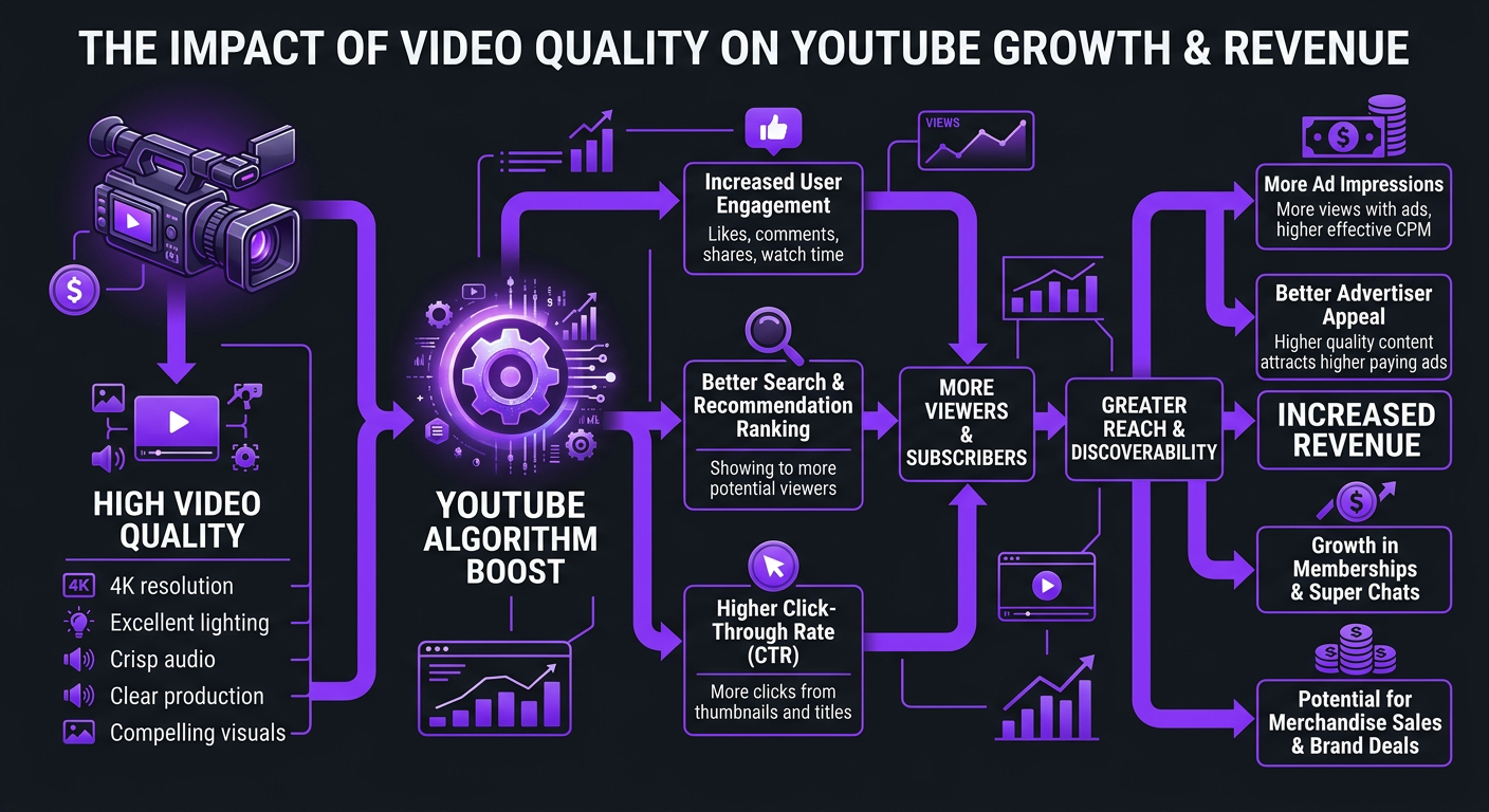 How Video Editing Quality Affects YouTube Revenue - Flowchart showing how video quality leads to algorithm boost