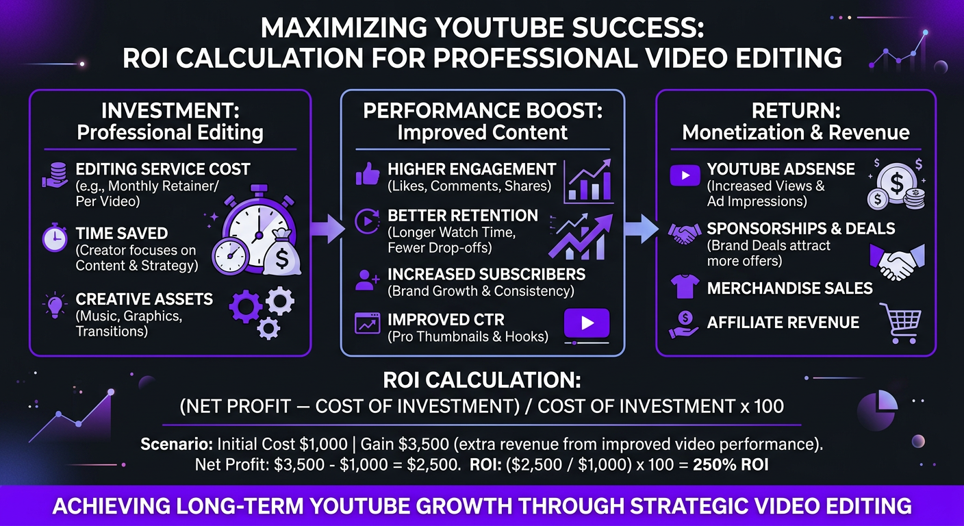 How Video Editing Quality Affects YouTube Revenue - Infographic showing ROI calculation of investing in professi