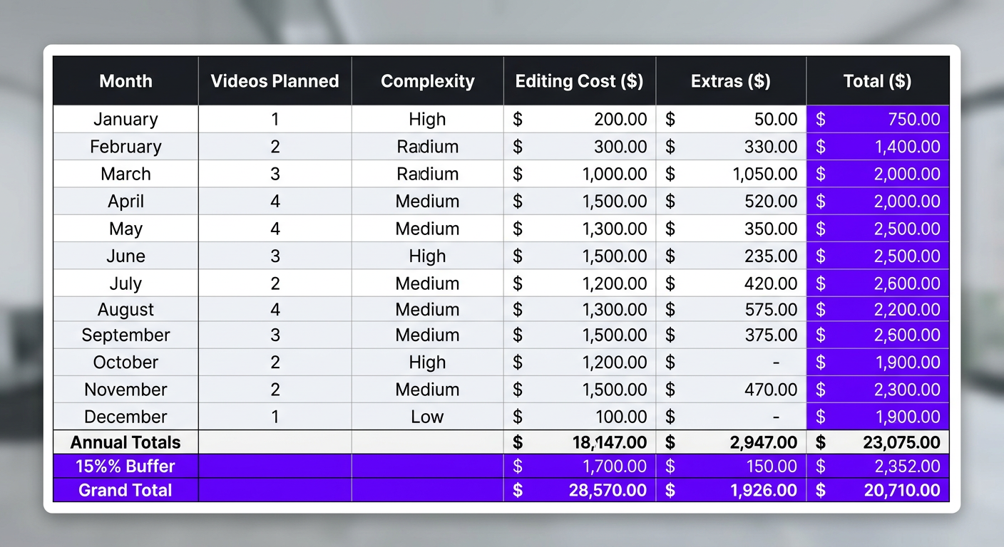 Annual budget template spreadsheet showing 12 months with videos planned, complexity, editing cost, extras, and totals