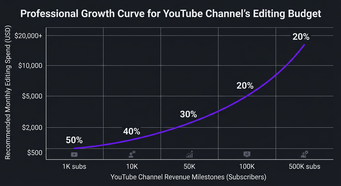 YouTube channel revenue stages growth curve with corresponding editing budget percentages at each milestone