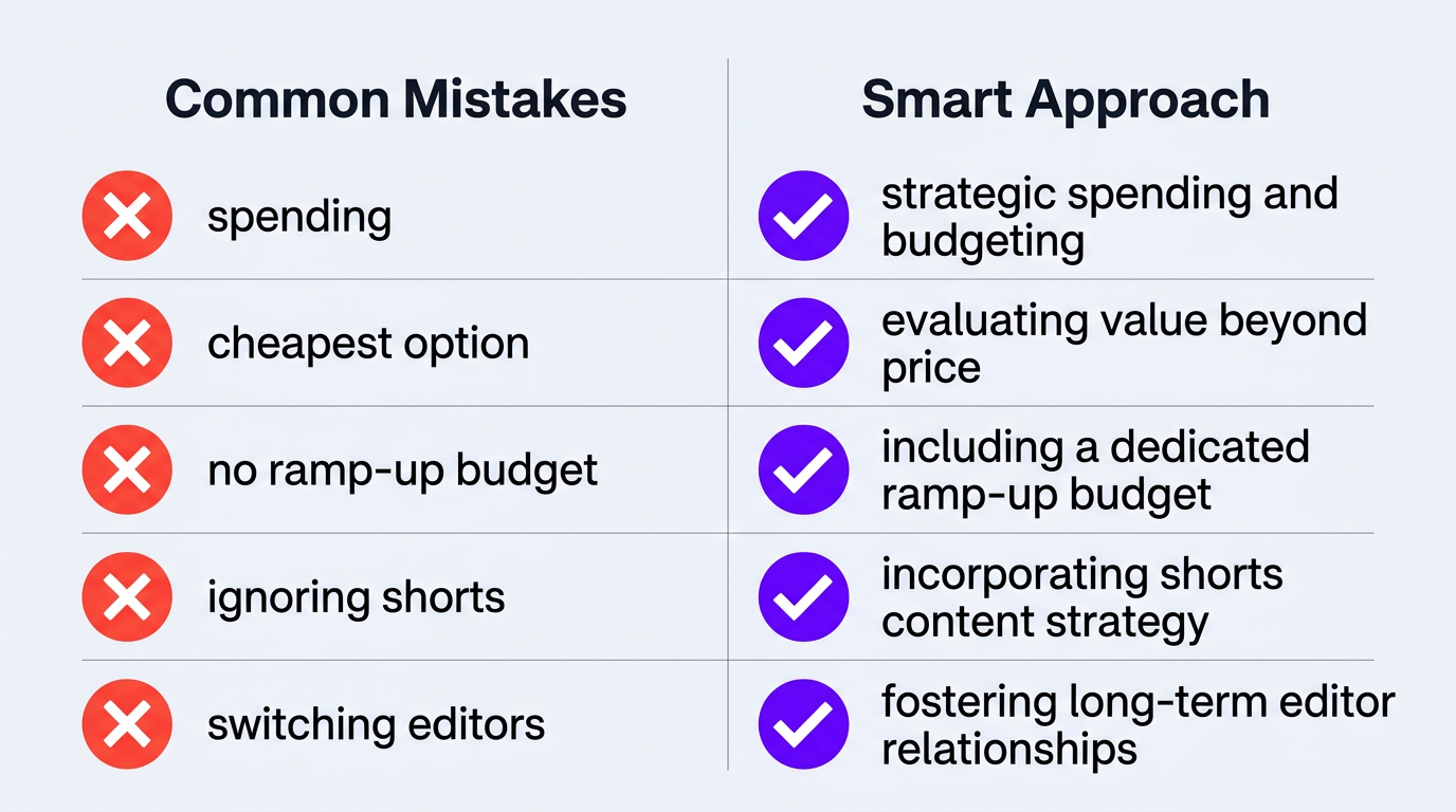 Infographic listing 5 budgeting mistakes contrasted with smart approaches for YouTube editing budgets