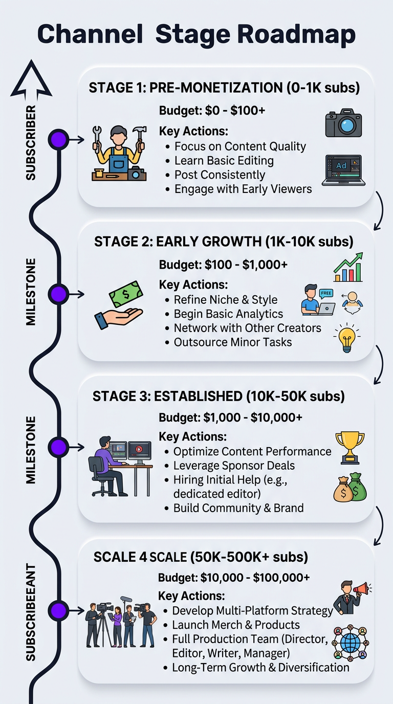 Vertical roadmap showing 4 channel stages with subscriber ranges, budget ranges, and priorities at each stage