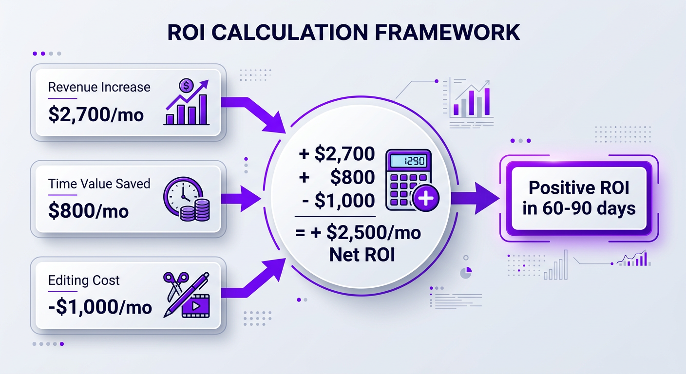 Visual ROI calculation framework showing Revenue Increase plus Time Value minus Editing Cost equals Net ROI