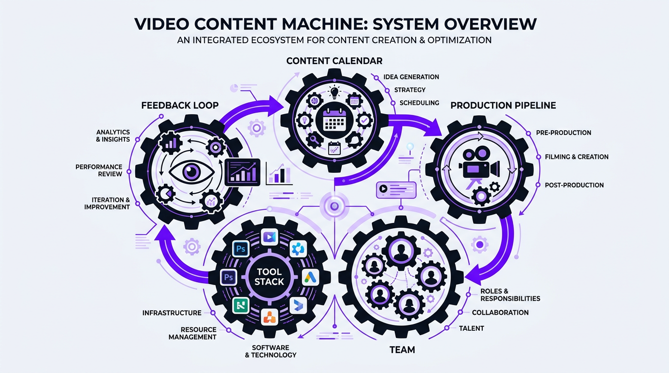 Video content machine system overview infographic showing interconnected production stages