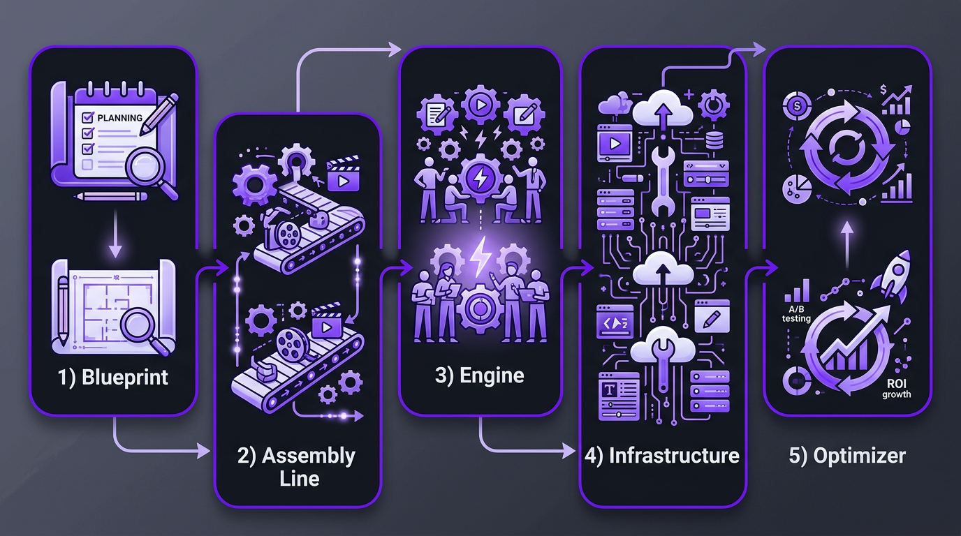 Five components of a video content machine diagram: Calendar, Pipeline, Team, Tools, Feedback Loop