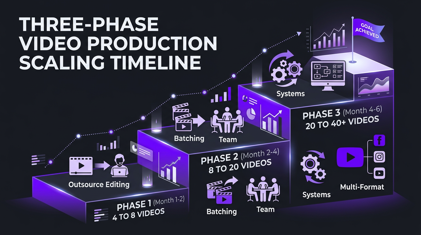 Timeline infographic showing content production scaling from 4 to 40+ videos per month across three phases over 6 months