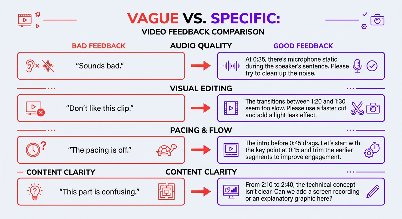 How to Give Feedback to Your Video Editor (Without Being Annoying) 2 Four examples of vague vs specific video editing feedback
