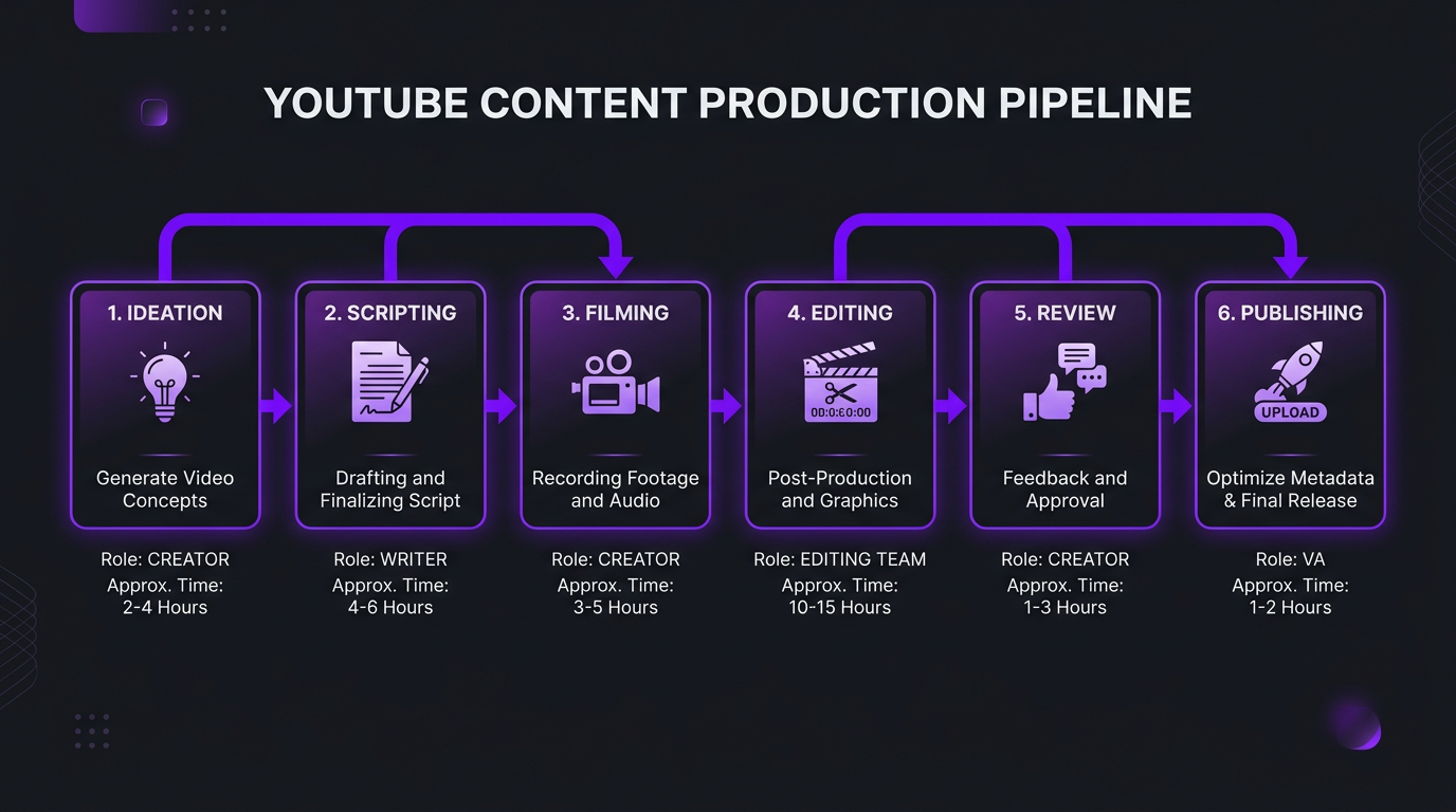 Content production pipeline flowchart with 6 stages