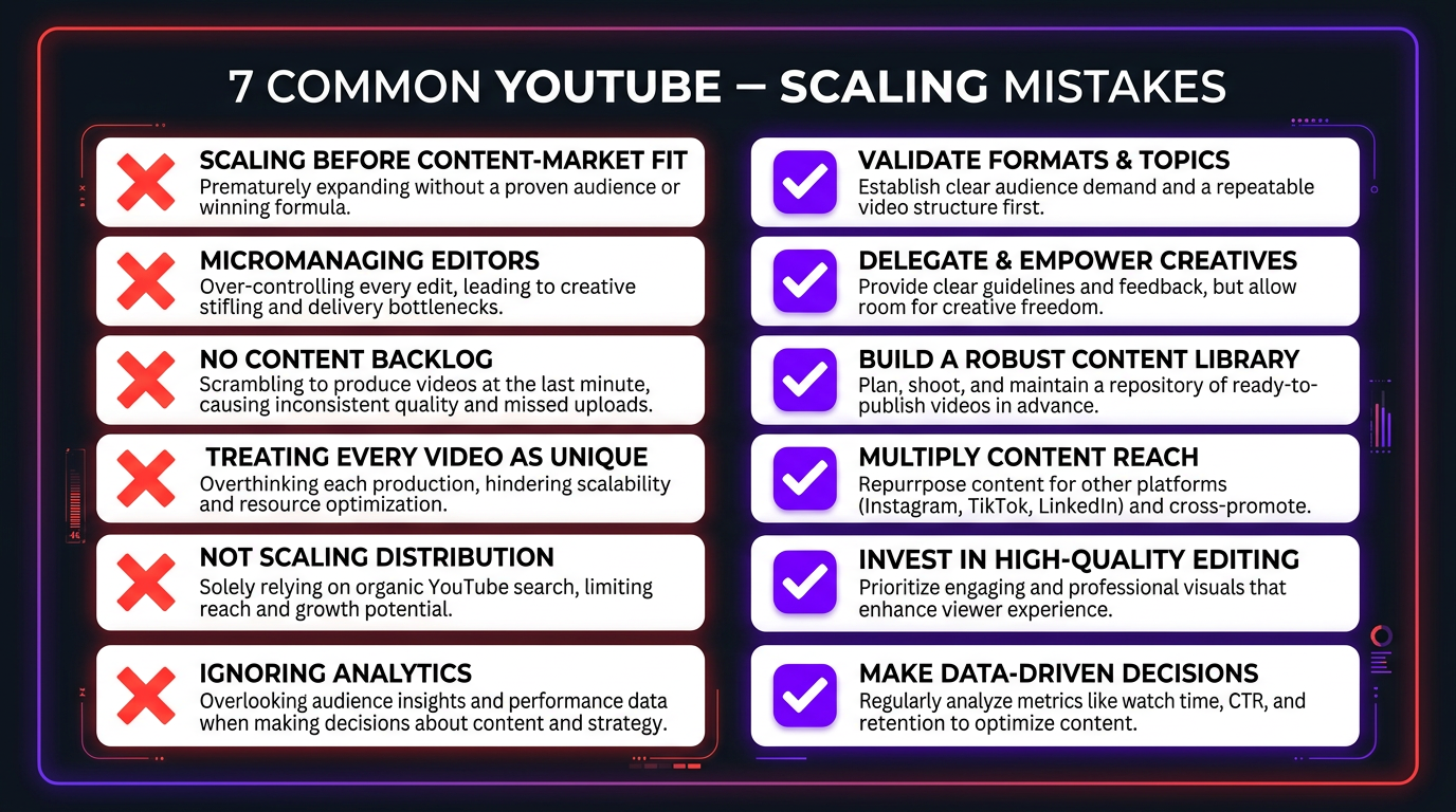 7 YouTube scaling mistakes checklist infographic