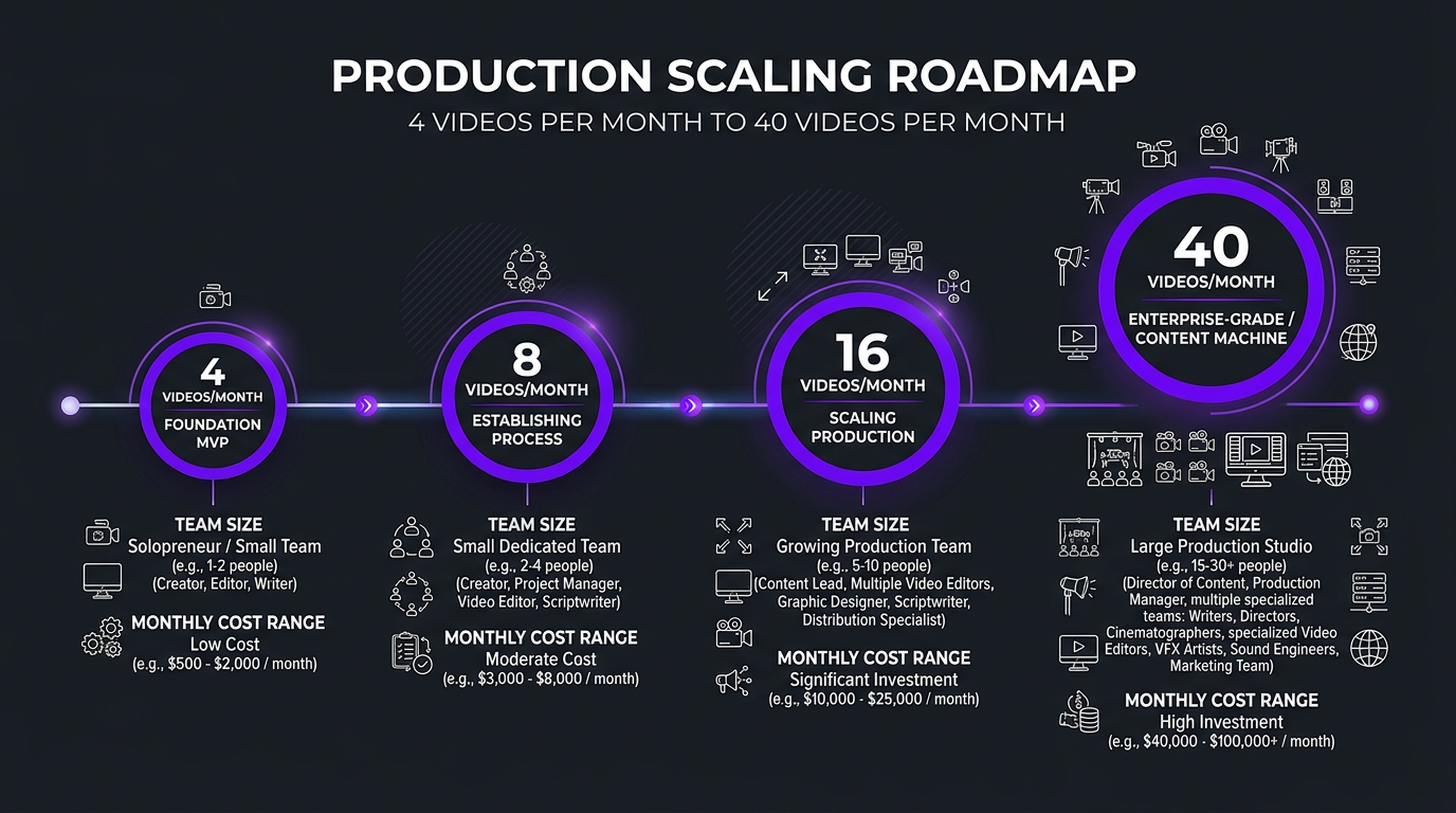 YouTube production scaling roadmap from 4 to 40 videos per month