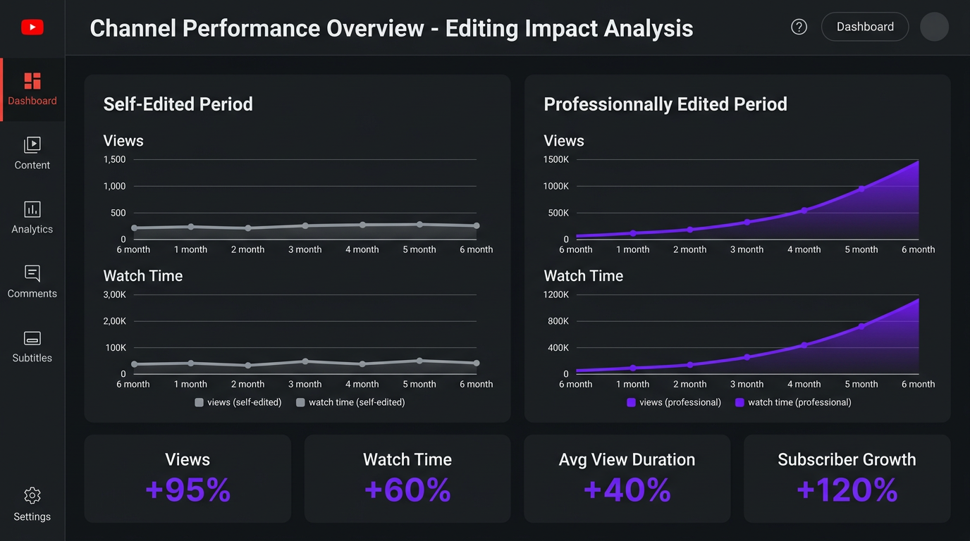 YouTube analytics before and after professional editing