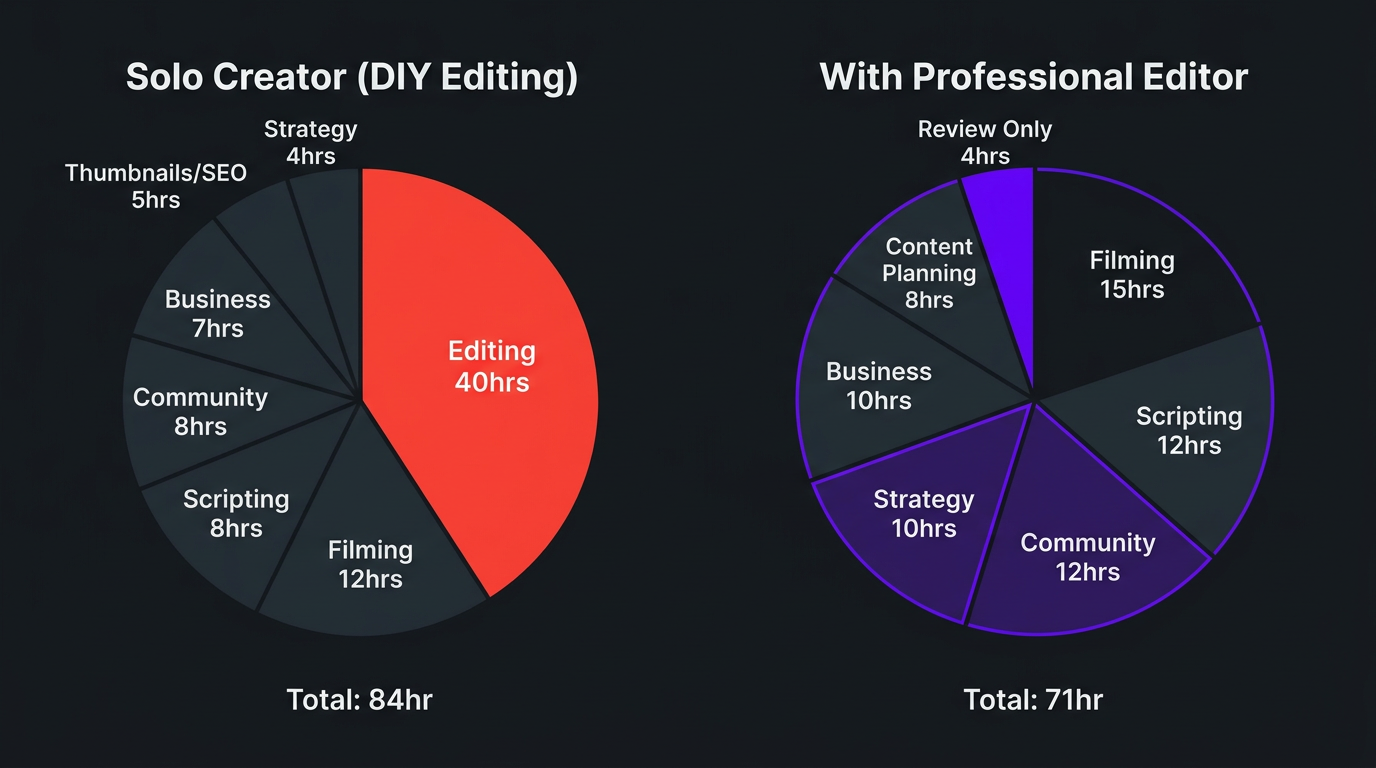Solo creator vs outsourced editing time allocation comparison