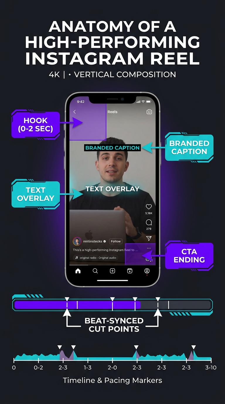 Instagram Reels Editing Service: Costs, Quality & Top Options 3 Anatomy of a high-performing Instagram Reel with labeled components