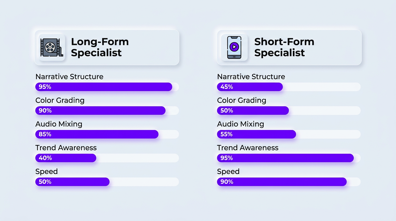 Editor skill comparison chart for long-form and short-form specialists