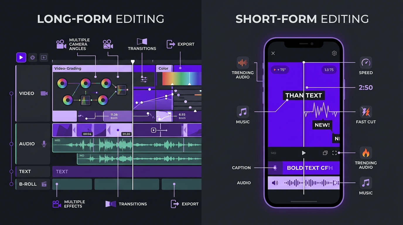 Long-form vs short-form video editing comparison infographic