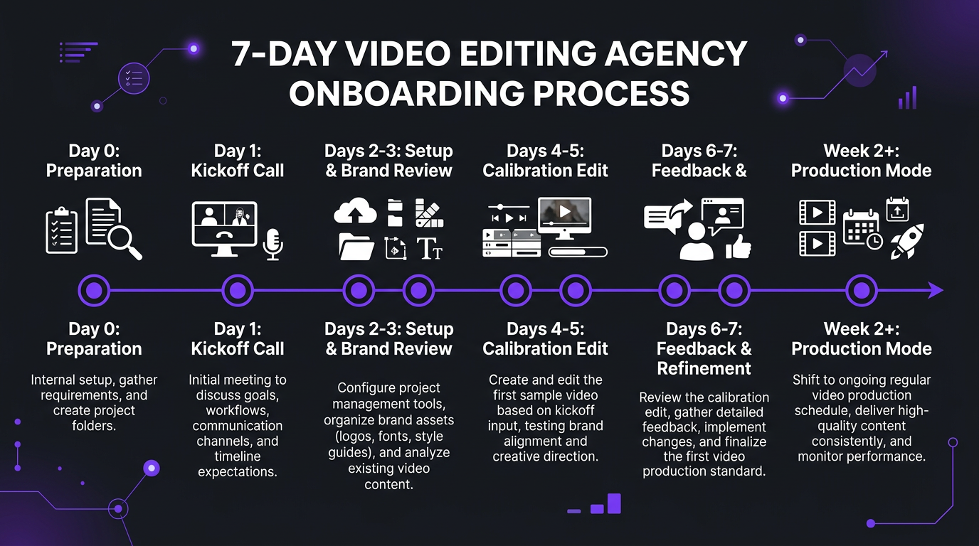 Timeline infographic showing the 7-day onboarding process