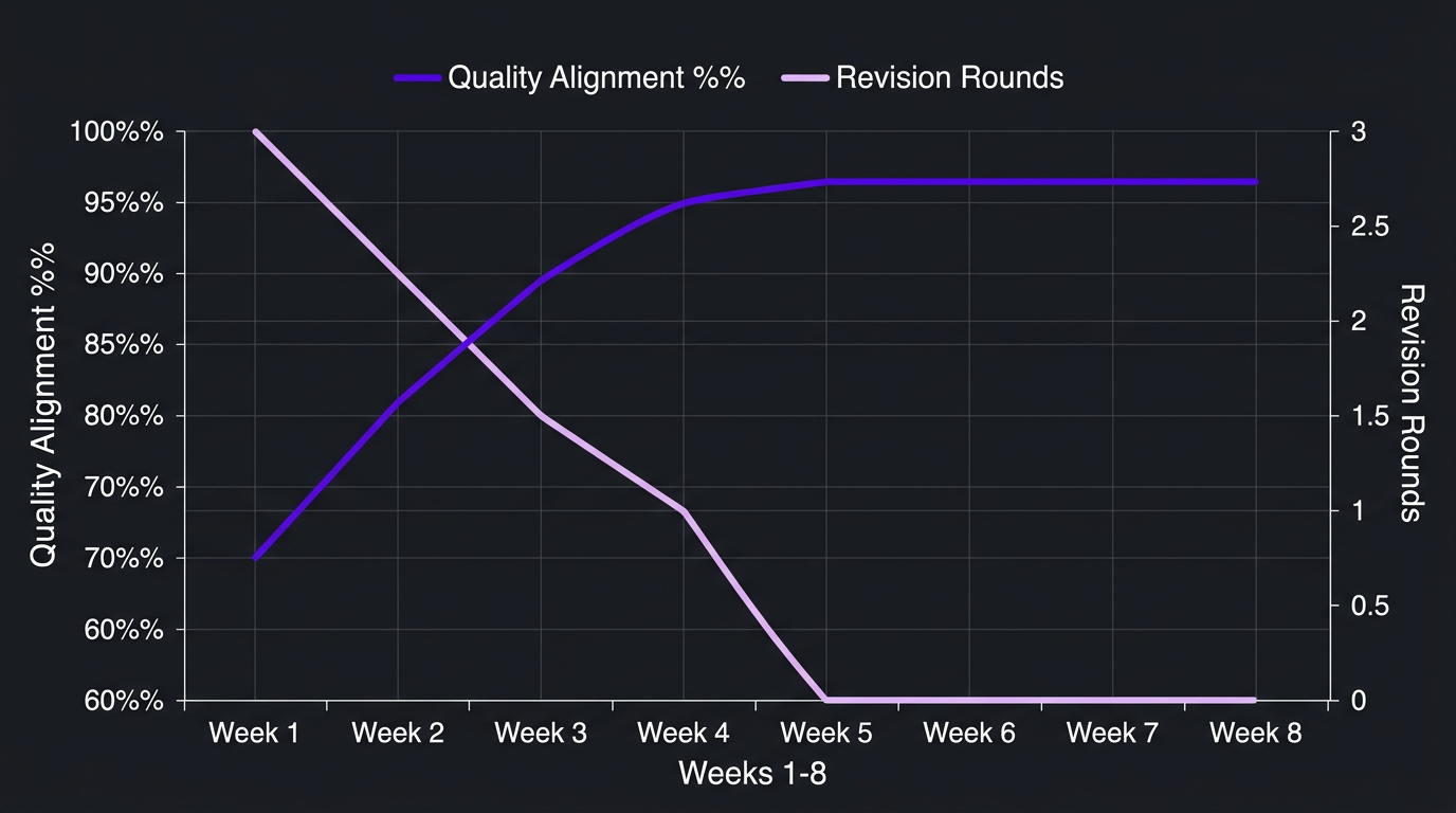 Line chart showing quality alignment and revision rounds over weeks