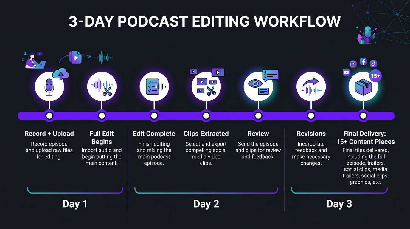 3-day podcast editing workflow timeline