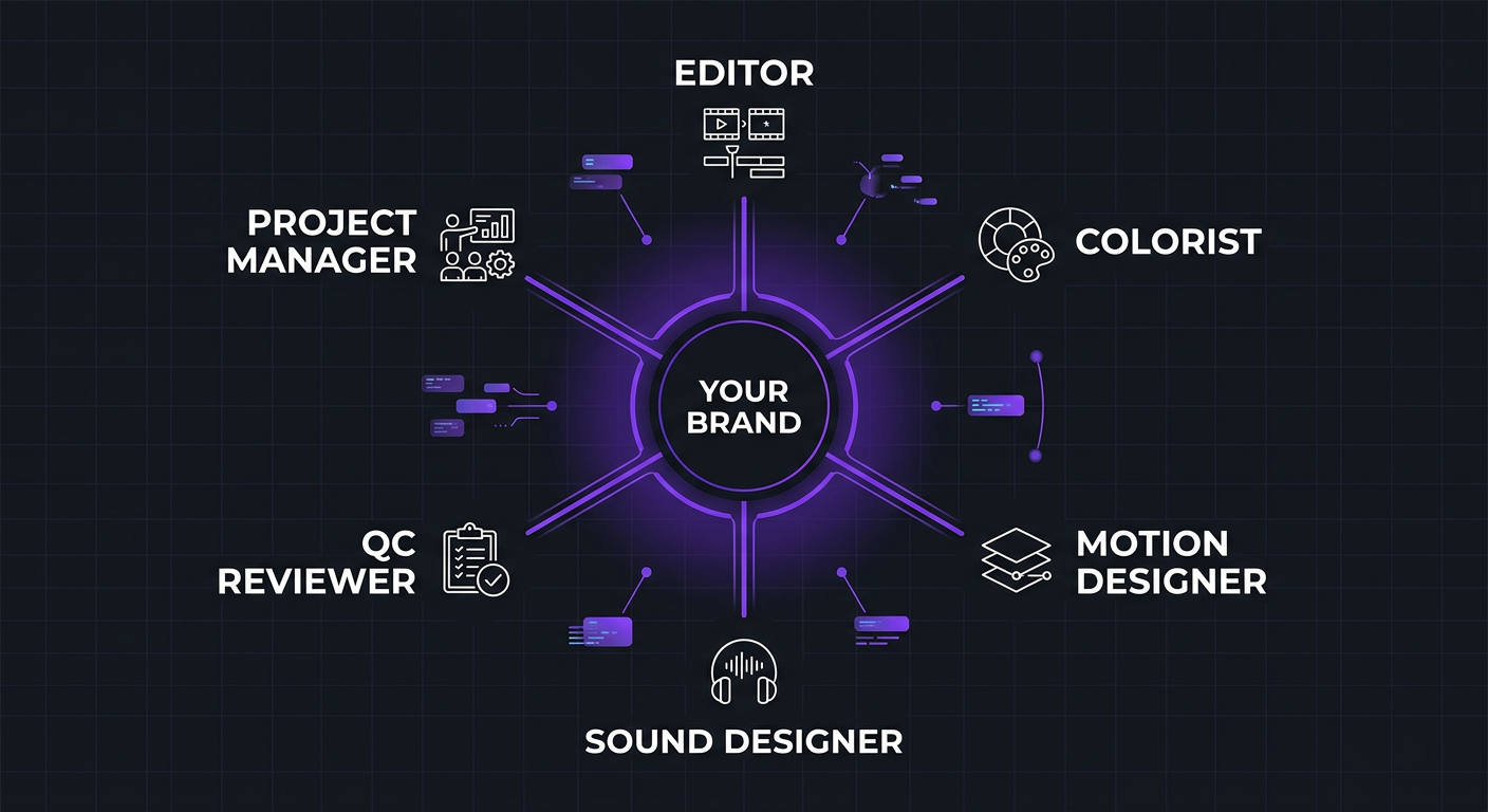 Remote video editing team structure with six specialized roles