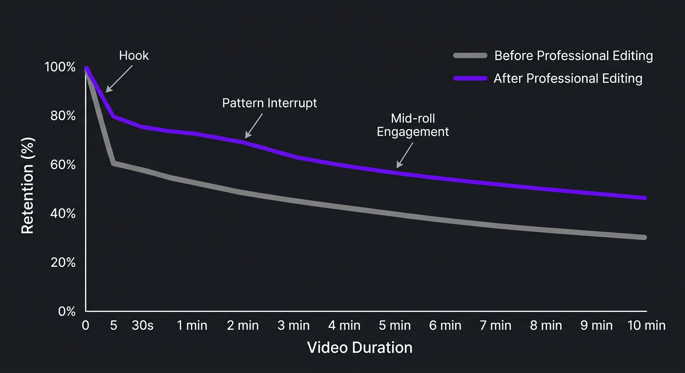 Audience retention before and after professional editing