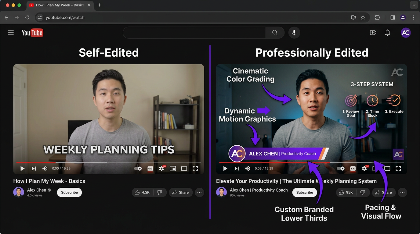 Should I Outsource Video Editing? 10 Signs It's Time 3 Self-edited vs professionally edited video comparison
