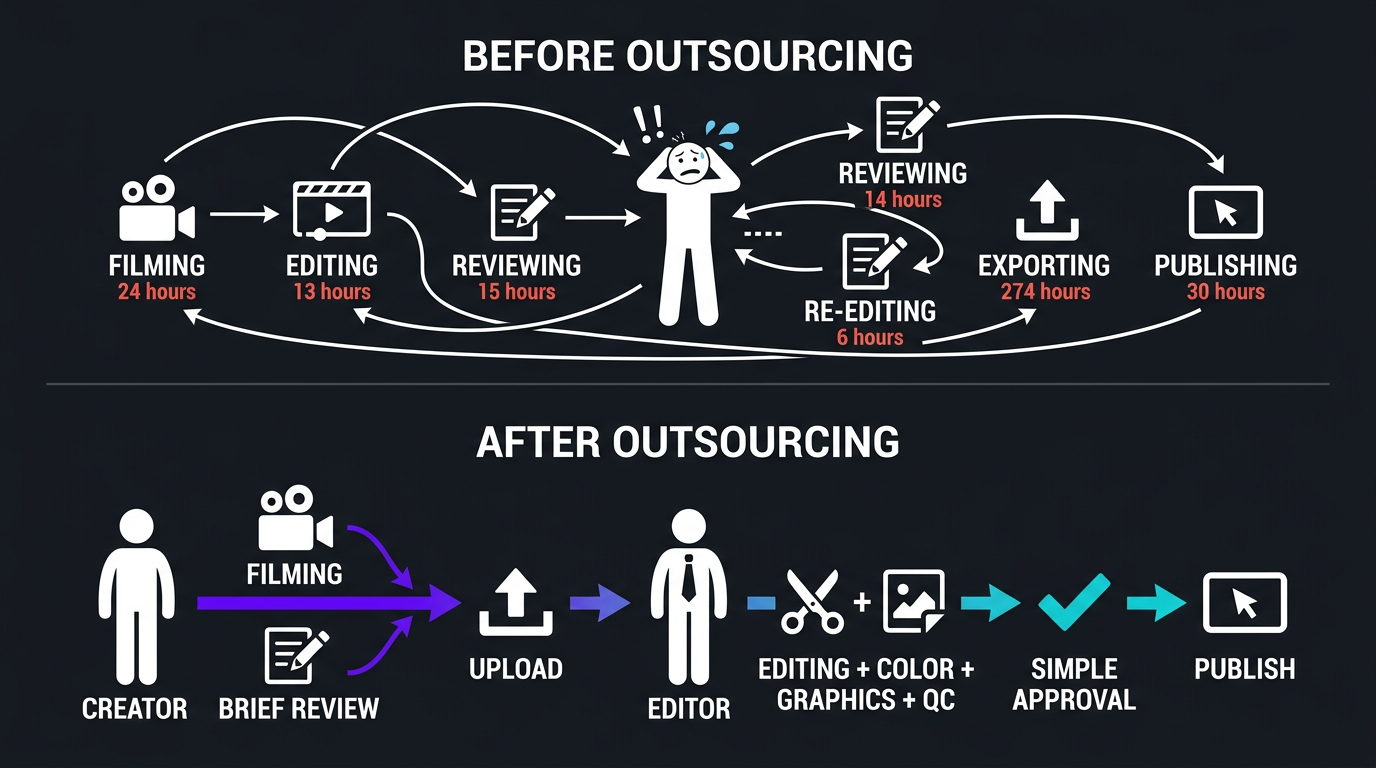 Should I Outsource Video Editing? 10 Signs It's Time 4 Content workflow before and after outsourcing