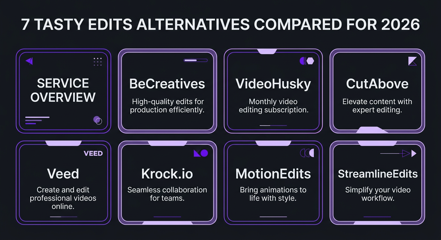 Tasty Edits alternatives comparison infographic showing 7 video editing services