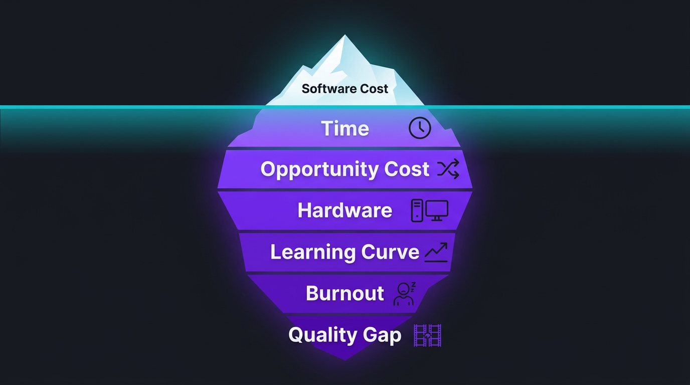 The True Cost of DIY Video Editing (Time, Money, Opportunity) 1 DIY video editing cost iceberg infographic showing hidden costs below the surface: time, opportunity cost, hardware, learning curve, burnout, and quality gap
