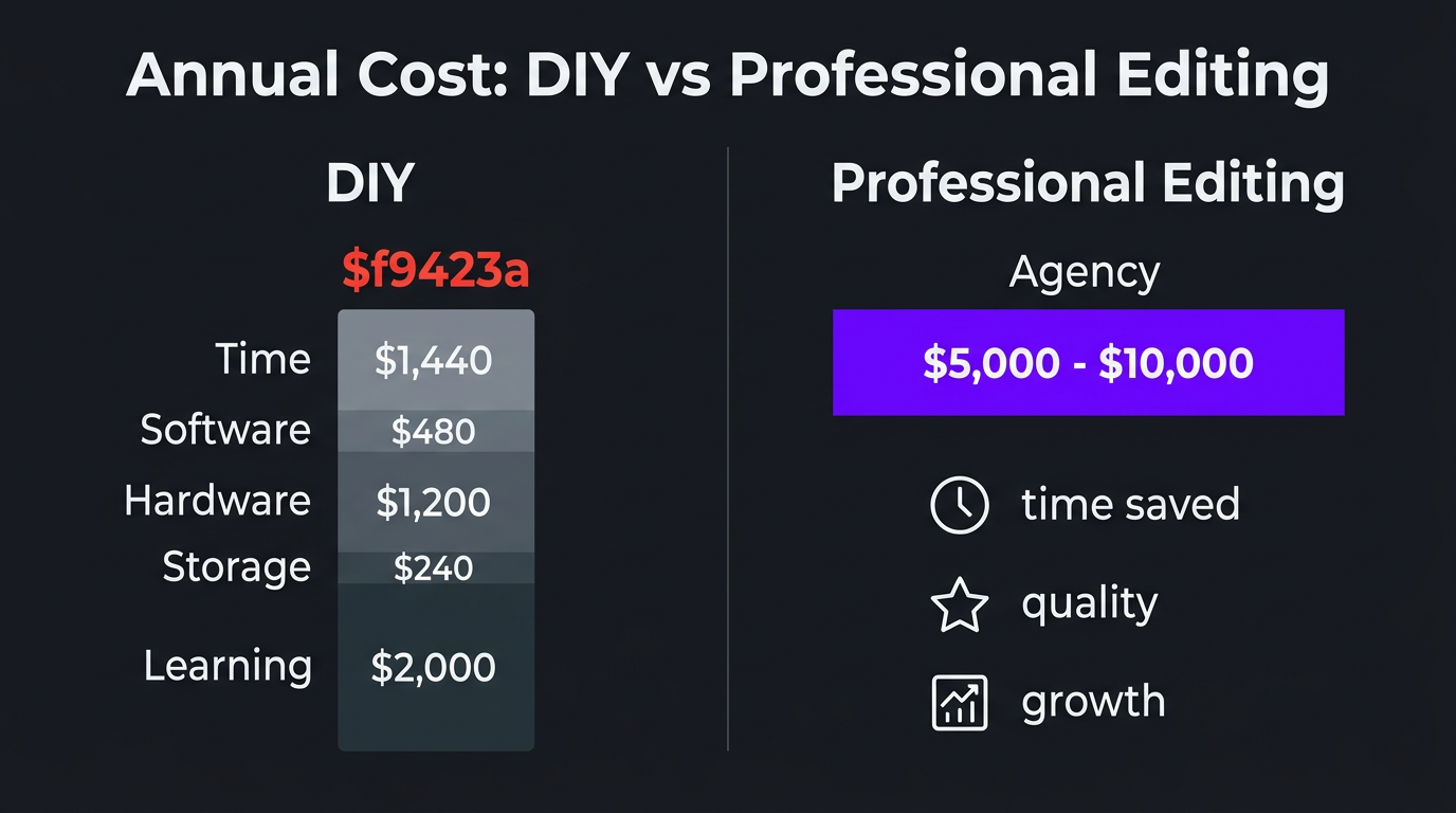 The True Cost of DIY Video Editing (Time, Money, Opportunity) 2 Annual cost comparison infographic: DIY video editing vs professional editing services