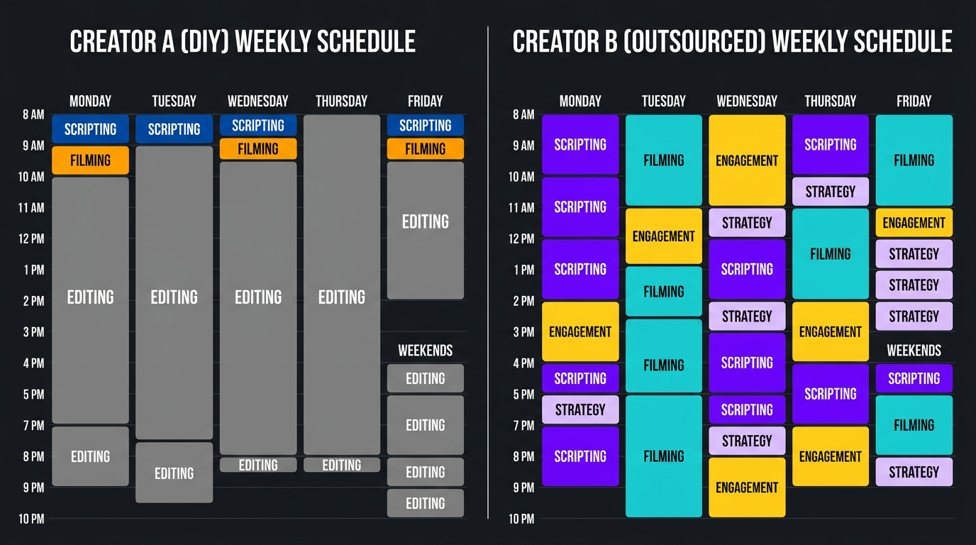 The True Cost of DIY Video Editing (Time, Money, Opportunity) 3 Weekly schedule comparison between DIY editor and creator who outsources editing