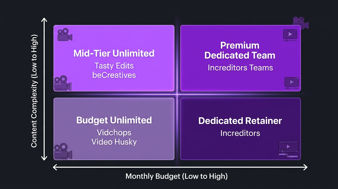 Decision matrix for choosing video editing service by budget and complexity