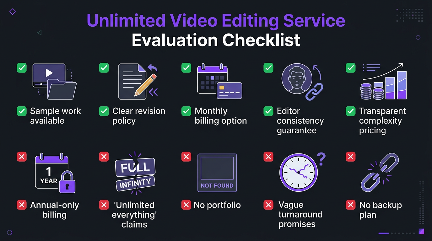 Checklist infographic for evaluating unlimited video editing services