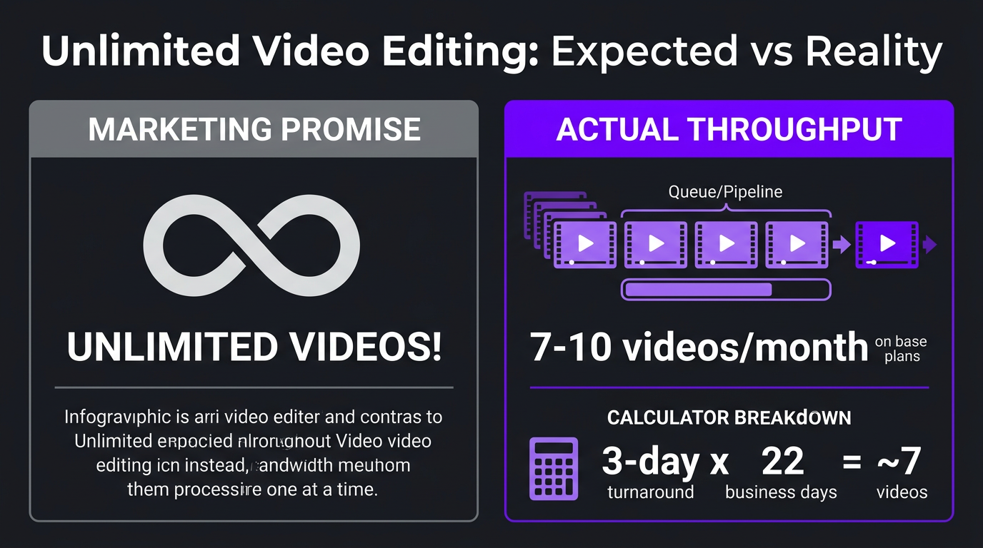 Infographic showing unlimited video editing expected vs reality throughput