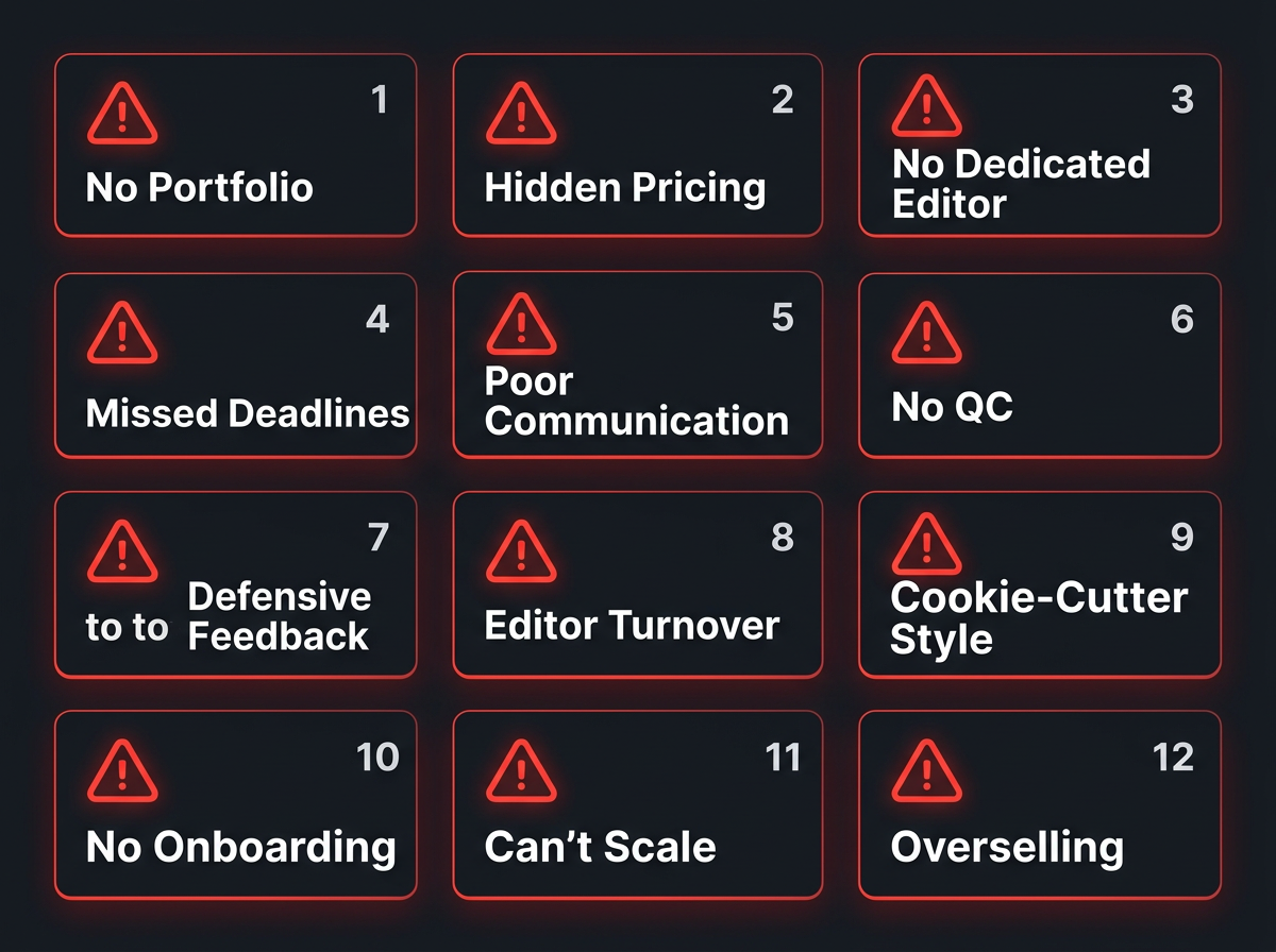Video Editing Agency Red Flags: 12 Warning Signs to Watch For 1 12 video editing agency red flags grid infographic