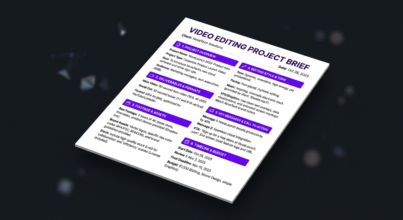 Filled-out video editing brief template mockup