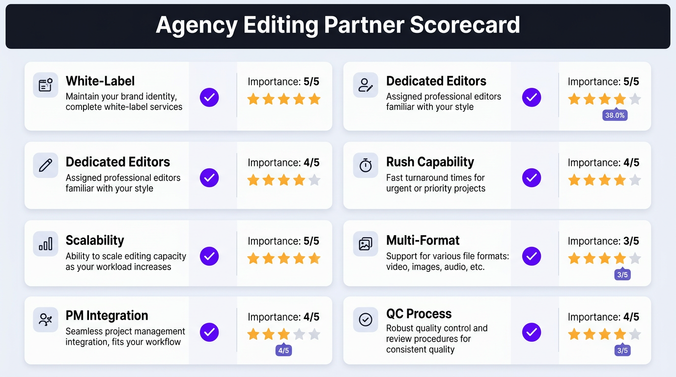 Visual checklist scorecard for evaluating editing partners with categories like White-Label, Dedicated Editors, Scalability