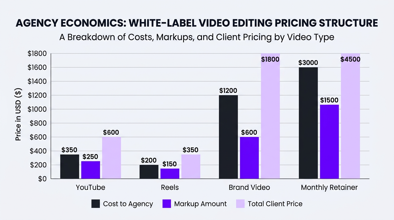 Agency profit margin breakdown chart for white-label video editing showing cost vs revenue