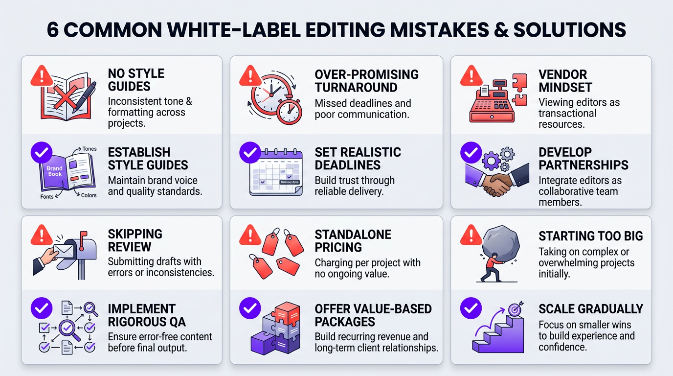 Five common white-label editing mistakes illustrated with icons and solutions