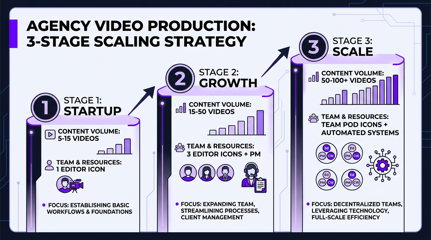 Three stages of scaling white-label video editing from startup to growth to scale with key metrics