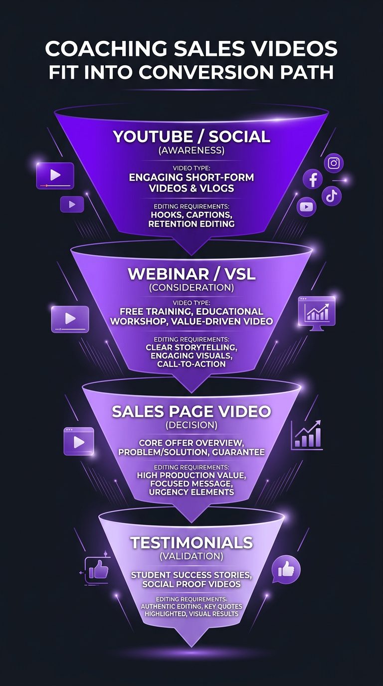 Funnel diagram showing how coaching sales videos fit into the conversion path — YouTube/Social (awareness) → Webinar/VSL (consideration) → Sales Page Video (decision) → Testimonials (validation). Each stage shows the video type and its editing requirements. Dark background, purple funnel sections, white text.