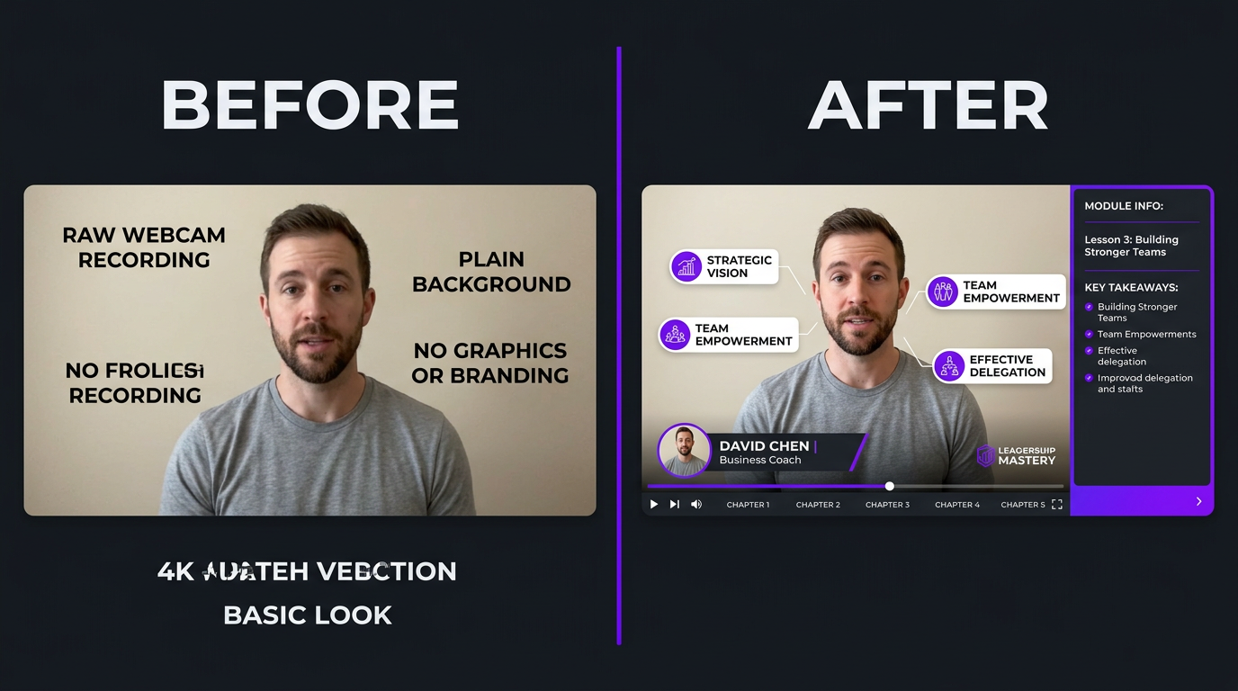 Before/after comparison of a coaching course module — left side showing a raw recording (plain webcam, no graphics, no branding), right side showing the professionally edited version (branded lower thirds, chapter markers, clean color grade, callout graphics). Split-screen layout with dark background.
