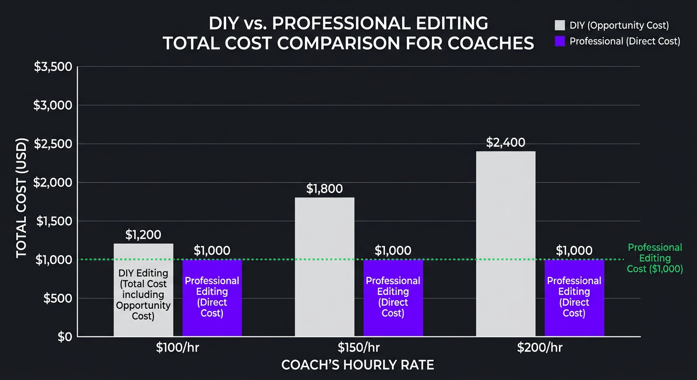 Cost comparison chart — two side-by-side columns showing DIY editing total cost vs professional editing total cost for coaches at different hourly rates ($100/hr, $200/hr, $500/hr). Shows the crossover point where professional editing becomes cheaper. Bar chart style with purple for professional, gray for DIY, dark background.