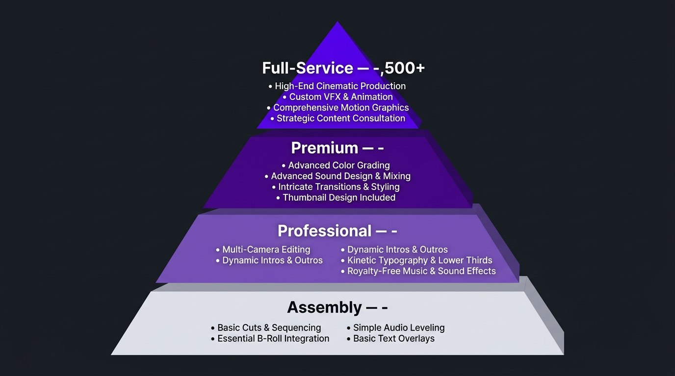 Video Editing for Content Creators: What to Expect & Pay 2 Video editing tiers pyramid from Assembly to Full-Service