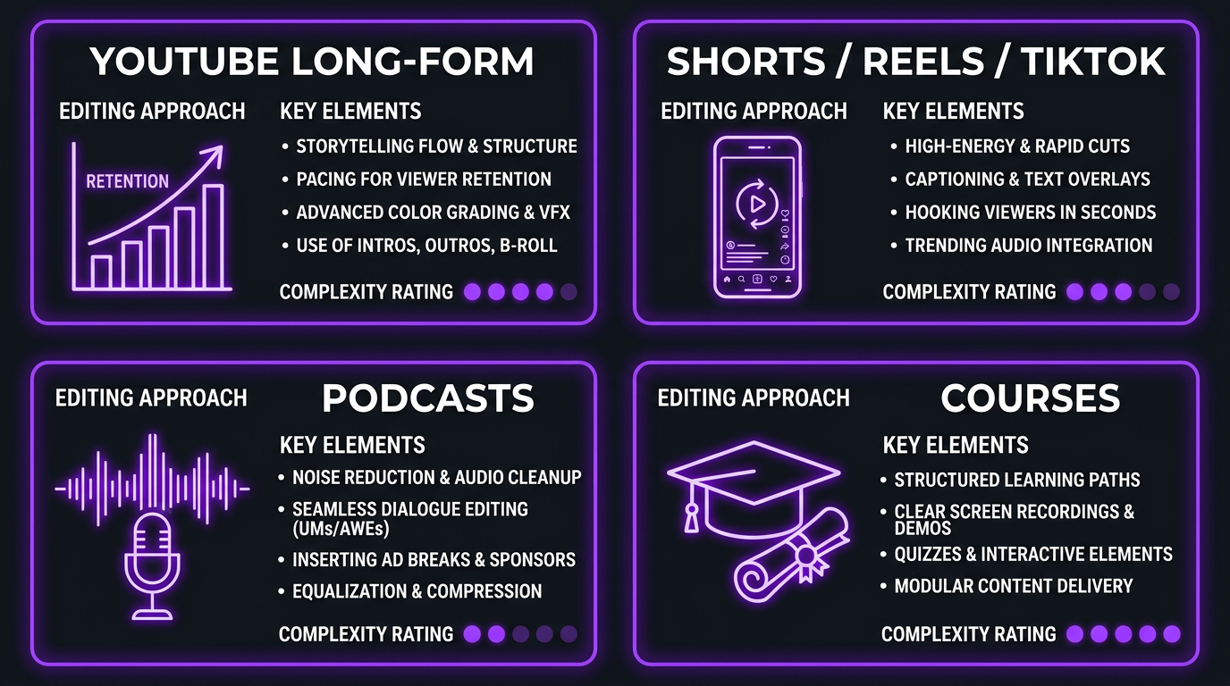 Video Editing for Content Creators: What to Expect & Pay 3 Editing approaches comparison by platform