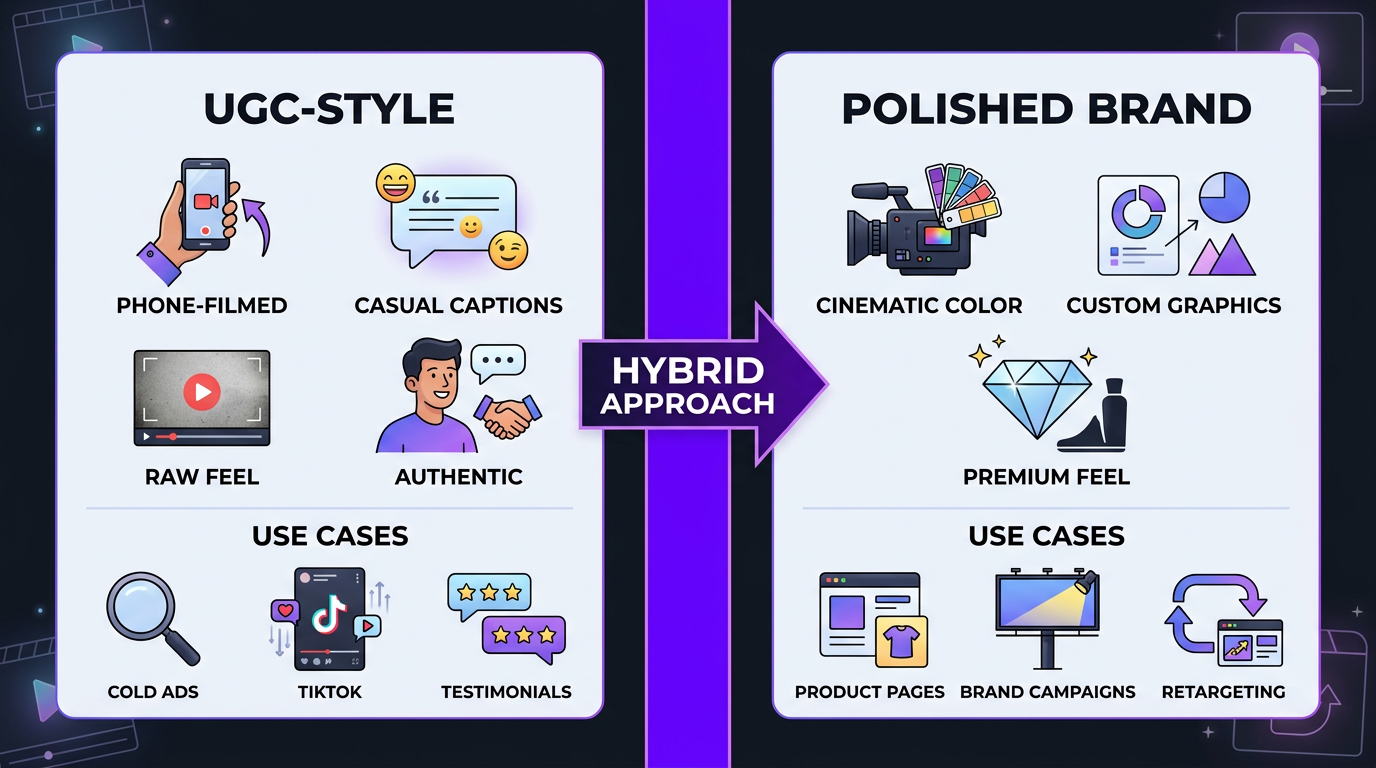 Video Editing for Ecommerce: Boost Sales with Better Content 3 UGC-style vs polished brand video comparison