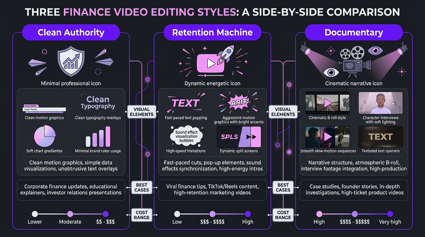 Comparison of three finance video editing styles