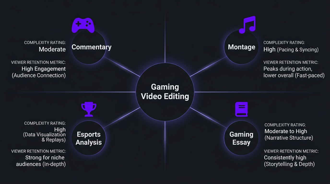 Gaming video editing landscape infographic showing different content types and editing complexity
