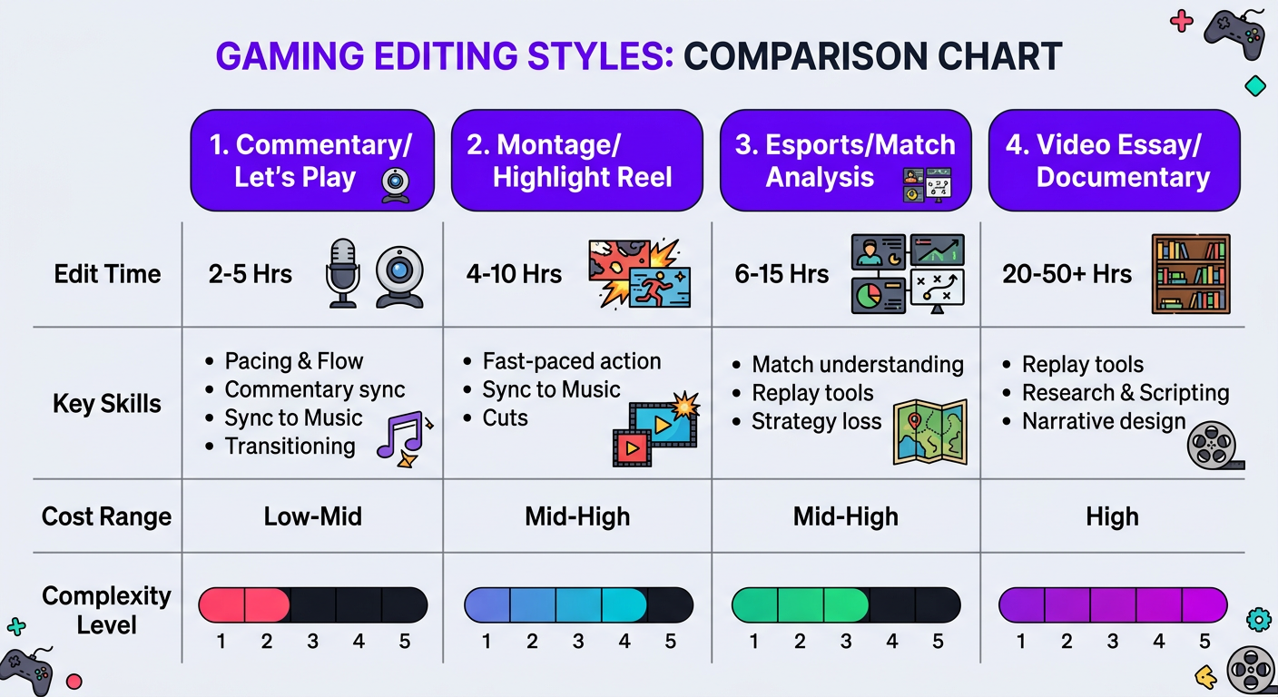 Four gaming editing styles comparison chart showing complexity, time, and cost for each type